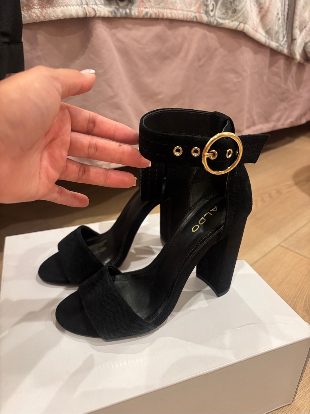 ALDO Black Suede Block Heel Sandals with Gold Buckle